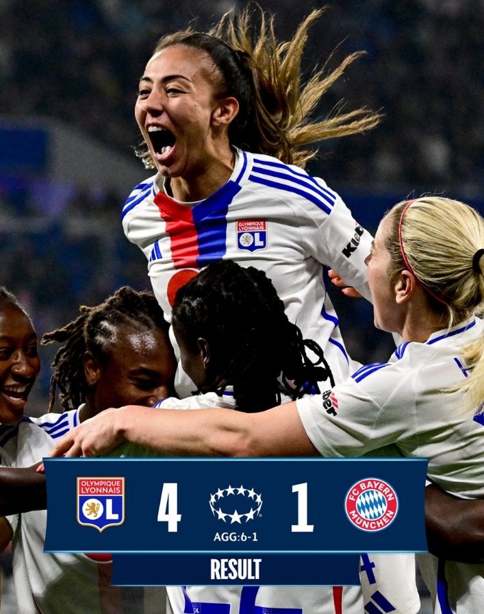 里昂女足4-1大勝拜仁女足，總比分6-1晉級女足歐冠半決賽